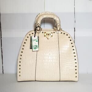 Isabelle Ivory Patent Vegan Leather Faux Croc Studded Dome Satchel